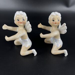 2 Vintage Porcelain Angel Pixie Fairy Candle Huggers Twins Iridescent Paint